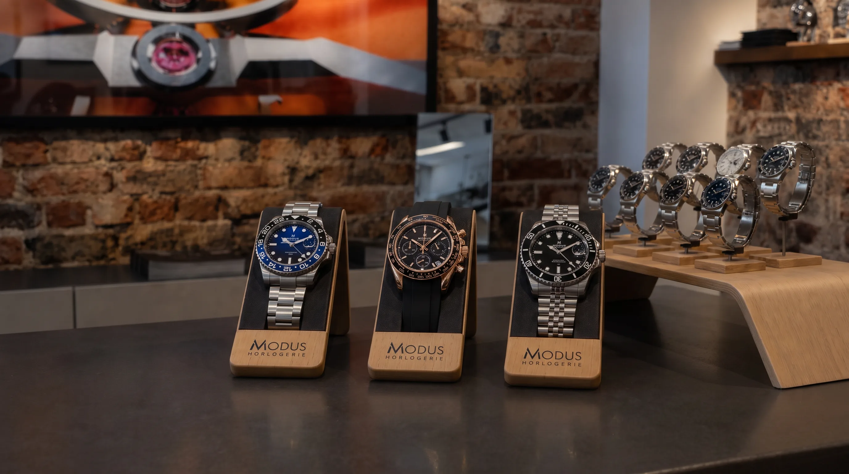 Orologi Modus esposti sui loro supporti in rovere